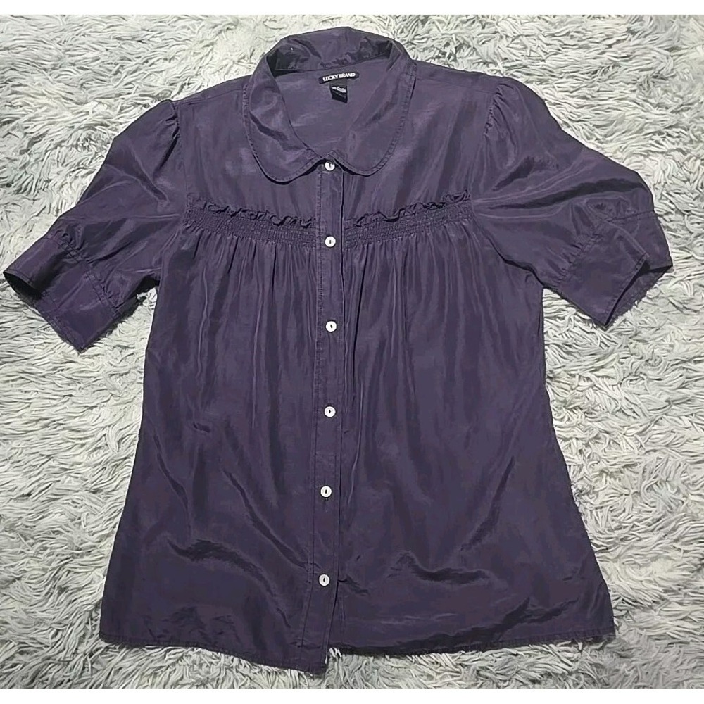 Lucky Brand Women's Silk Blend Button-Up Top Size L   Purple Smocked Peasant